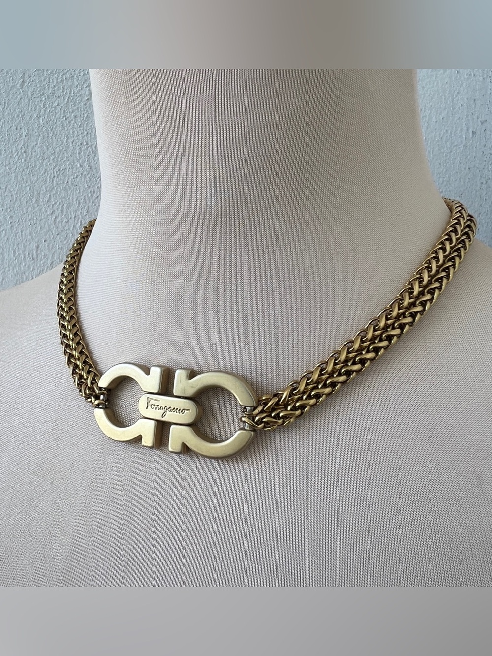 Salvatore Ferragamo Custom Necklace | Gold Gancini Horsebit 15-16” Spiga Choker